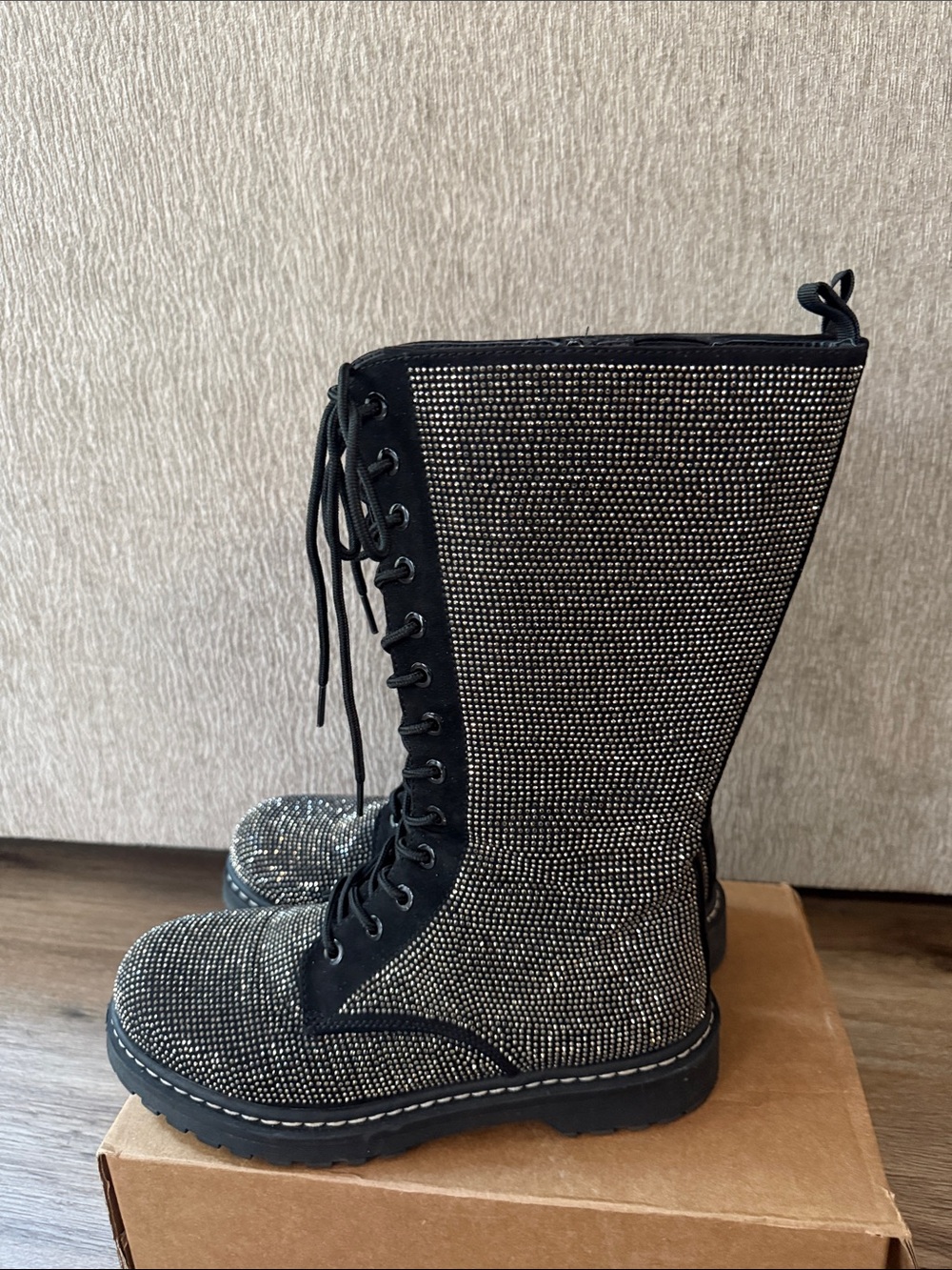 Torrid Betsey Johnson Knee High Embellished Silver Rhinestones Lace-Up Boots - Picture 8 of 16